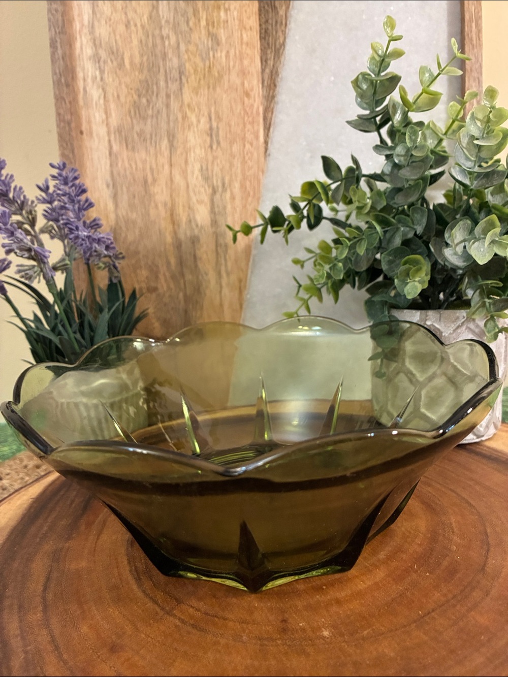 Anchor Hocking “Lillian” Avocado Green Glass Bowl with Scalloped Edging
